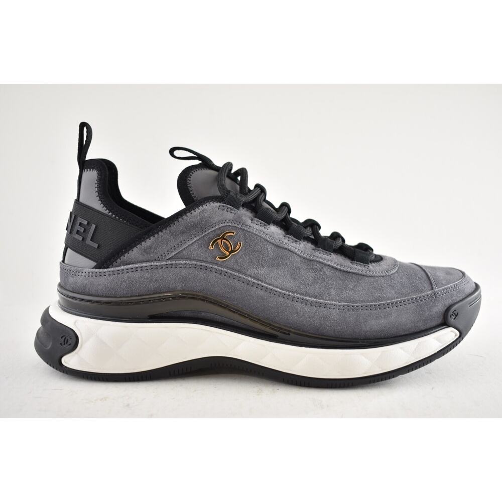 Chanel 23K Grey Suede Black White CC Logo Lace Up Low Top Trainer Sneaker 42 - Picture 2 of 15